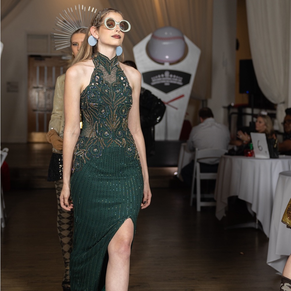 80s 90s vintage prom dress sequin cocktail gown, green gold bead long formal 2 4